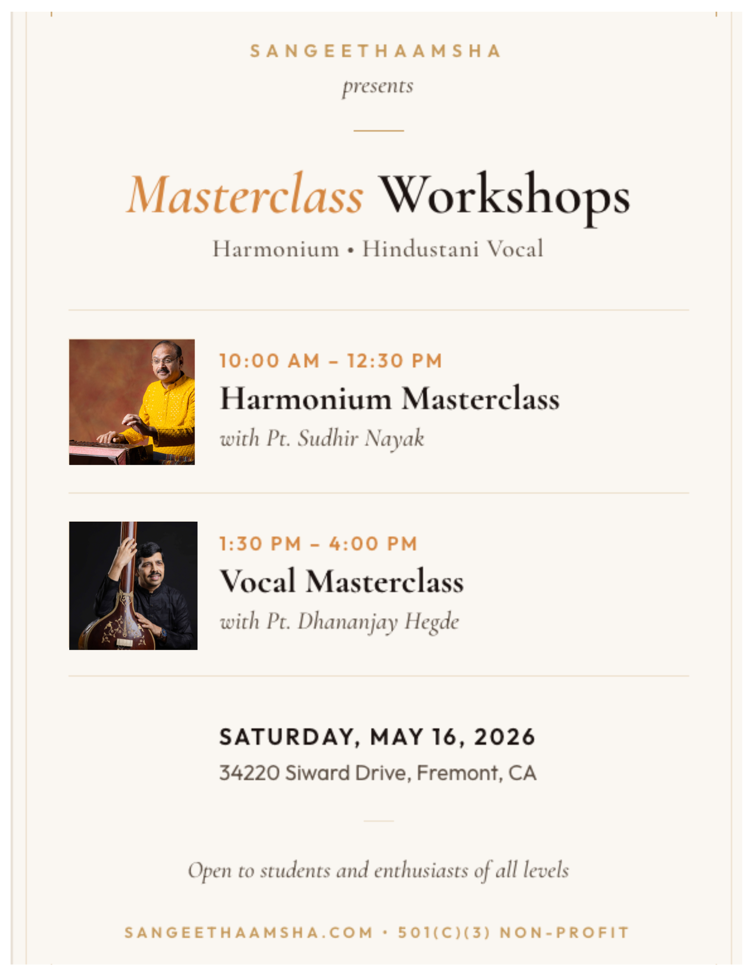 Campaign cover image for Masterclass Workshops with Pt Sudhir Nayak and Pt Dhananjay Hedge - SF Bay Area 2026
