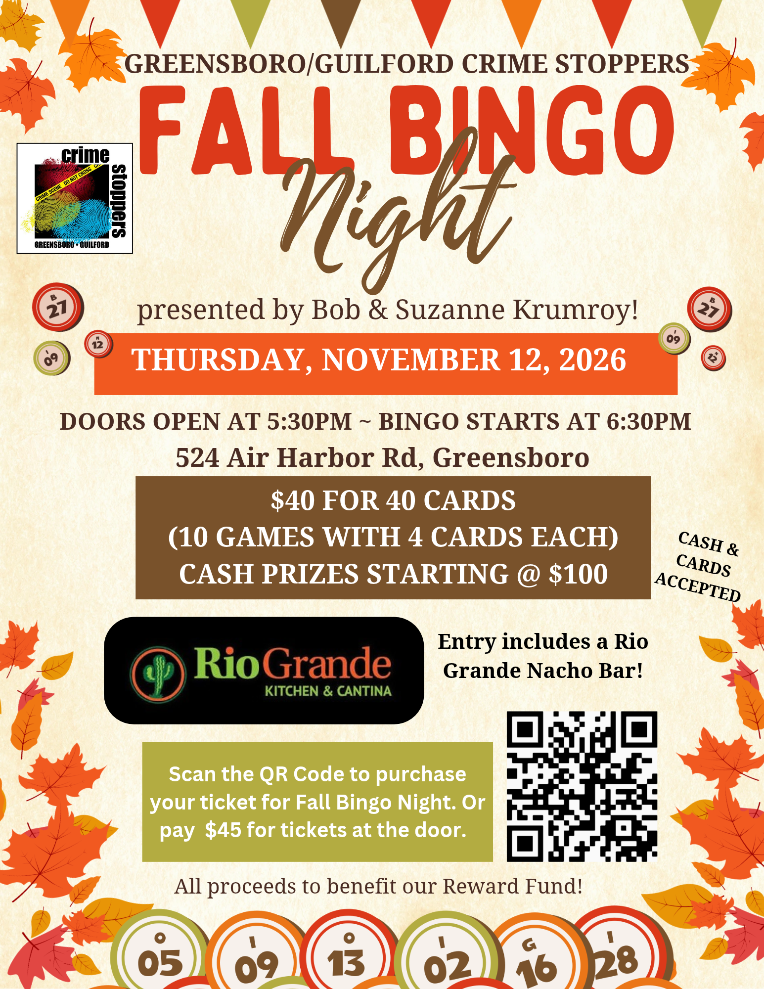 Campaign cover image for Greensboro Crime Stoppers Fall Bingo Night