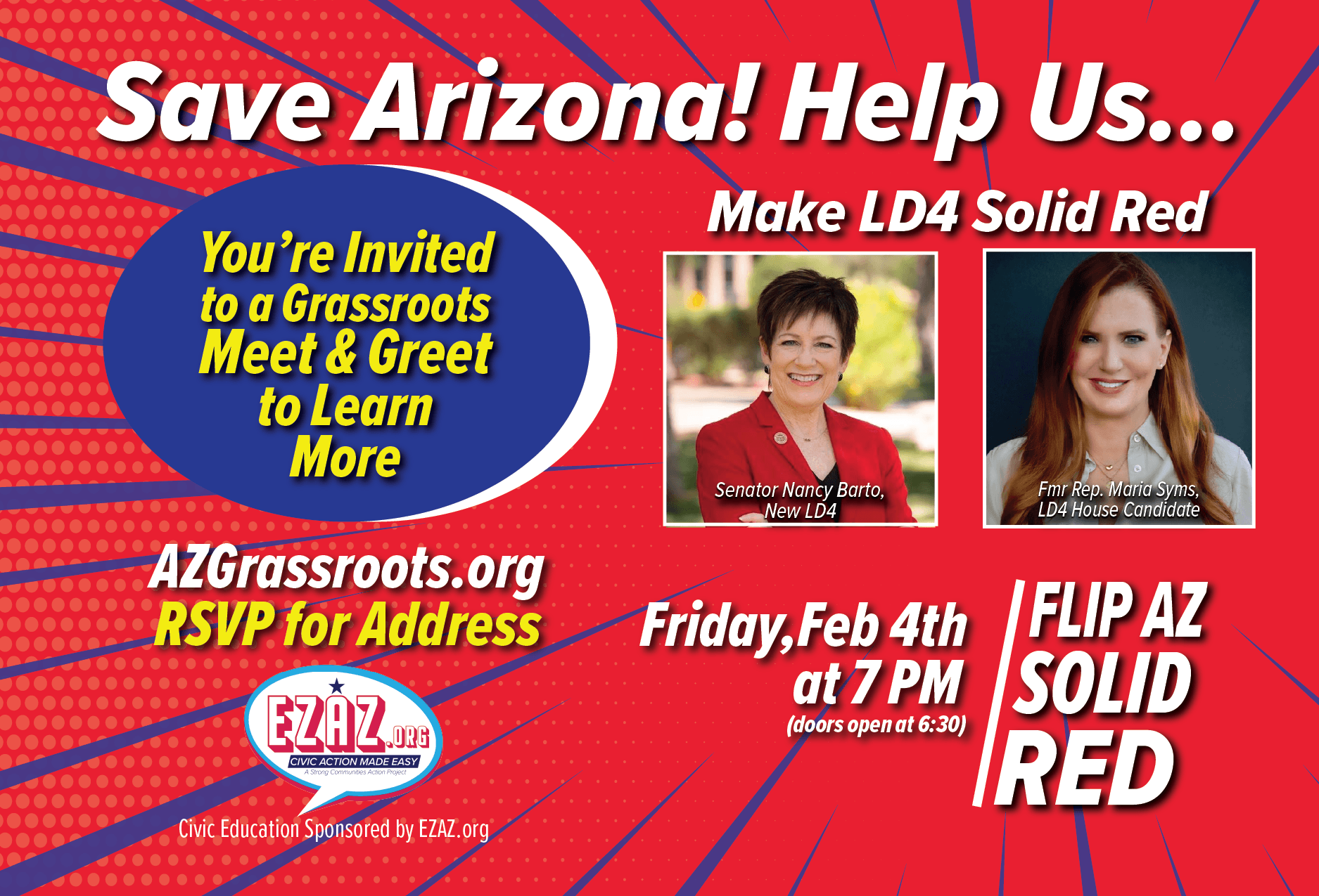 Campaign cover image for AZ Grassroots Meet & Greet - Feb 4th with Sen. Nancy Barto and fmr Rep. Maria Syms