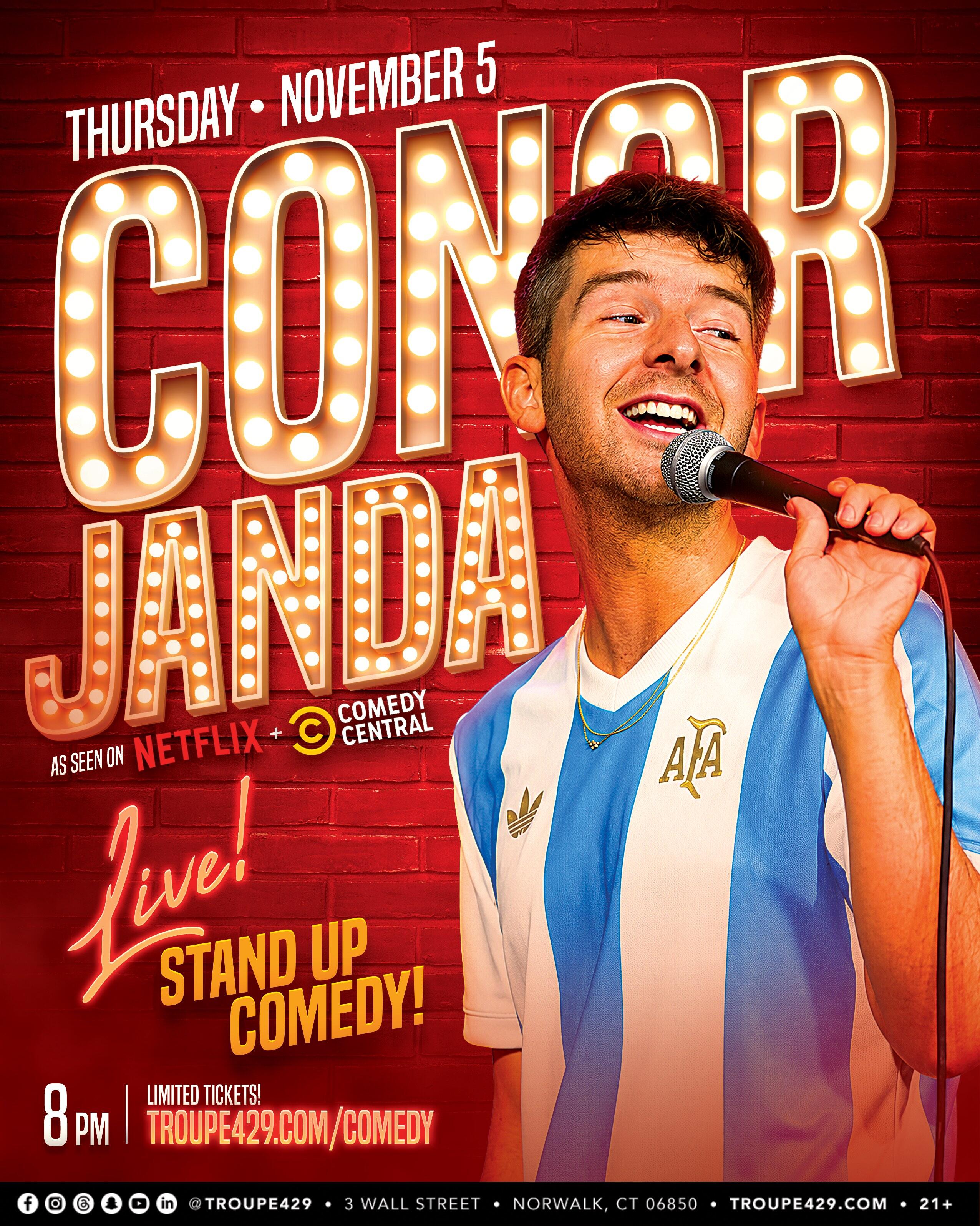 Campaign cover image for Stand Up Comedy Show: CONOR JANDA at Troupe429! (THUR NOV 5, 2026 // 8:00PM)