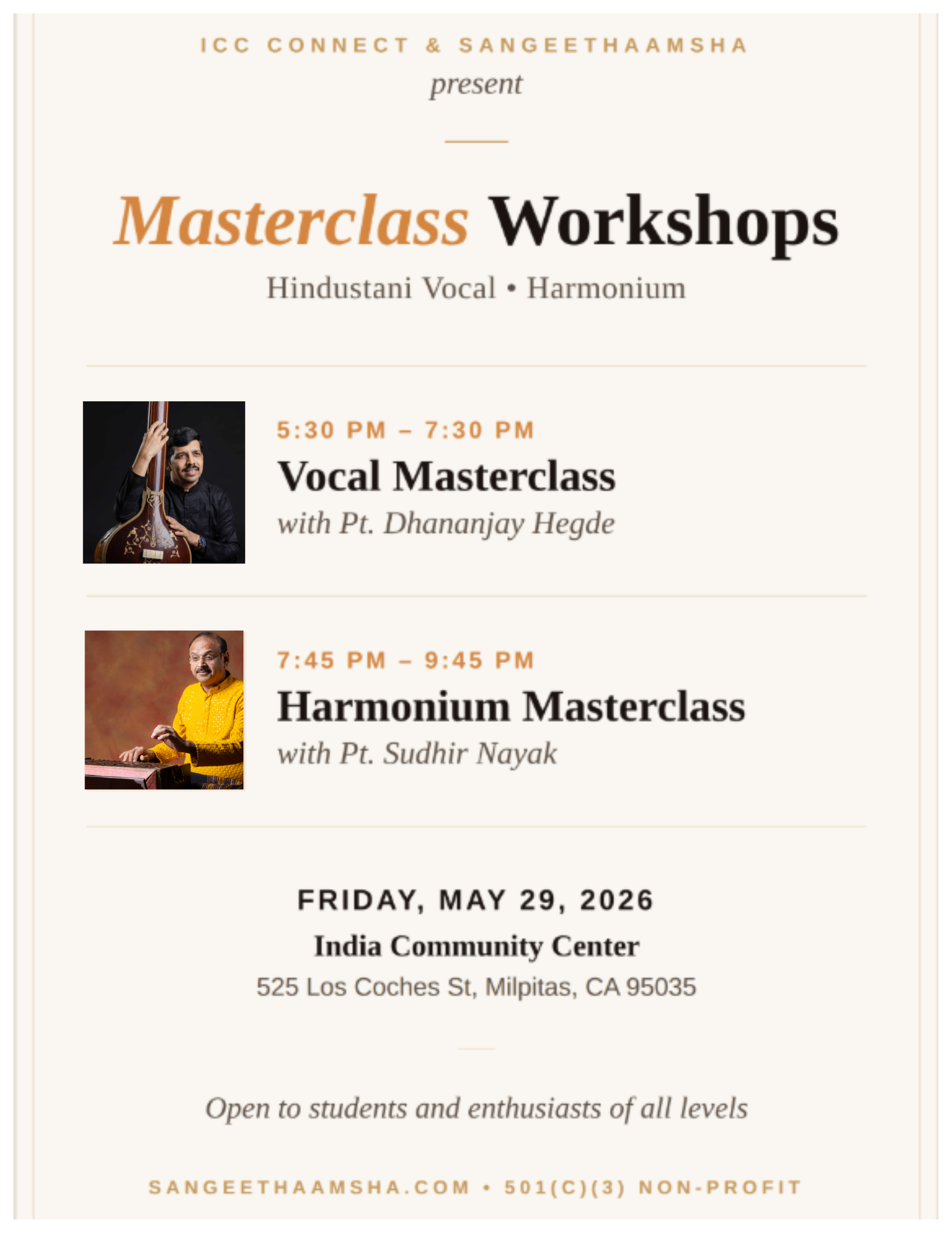 Campaign cover image for Masterclass Workshops with Pt Sudhir Nayak and Pt Dhananjay Hedge - San Jose 2026