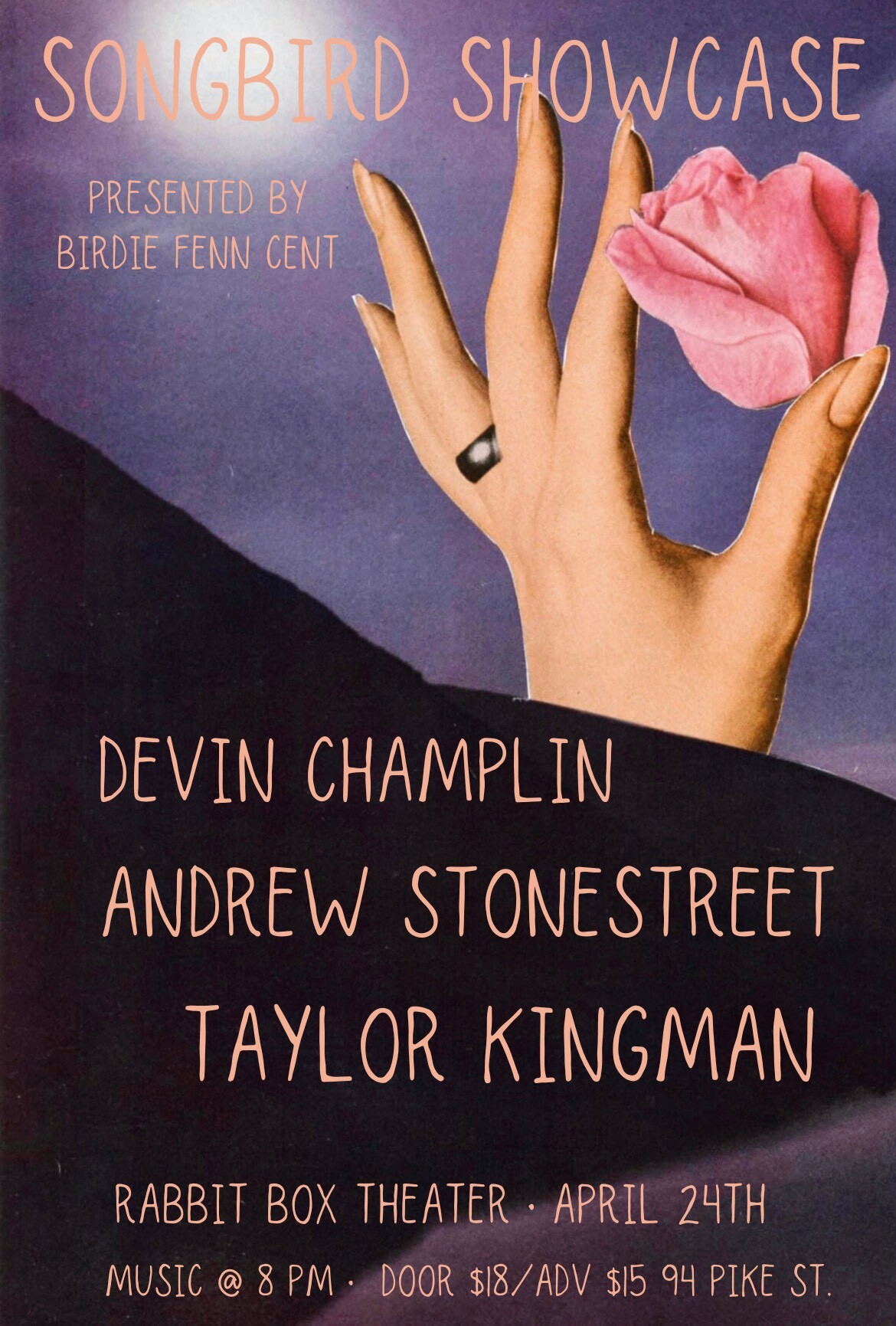 Campaign cover image for Songbird Showcase presented by Birdie Fenn Cent with Devin Champlin, Andrew Stonestreet & Taylor Kingman