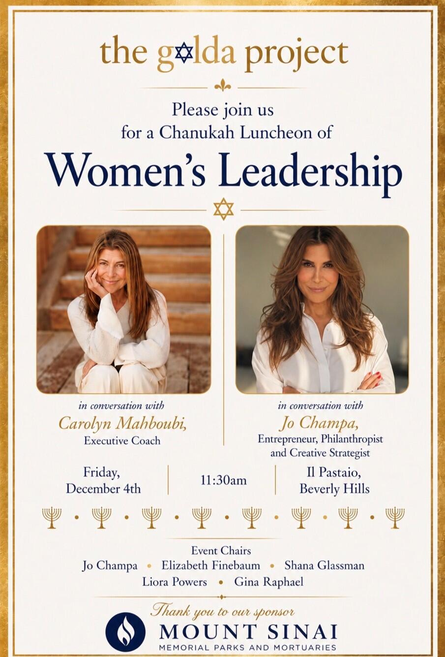 Campaign cover image for Chanukah Luncheon featuring Jo Champa & Carolyn Mahboubi