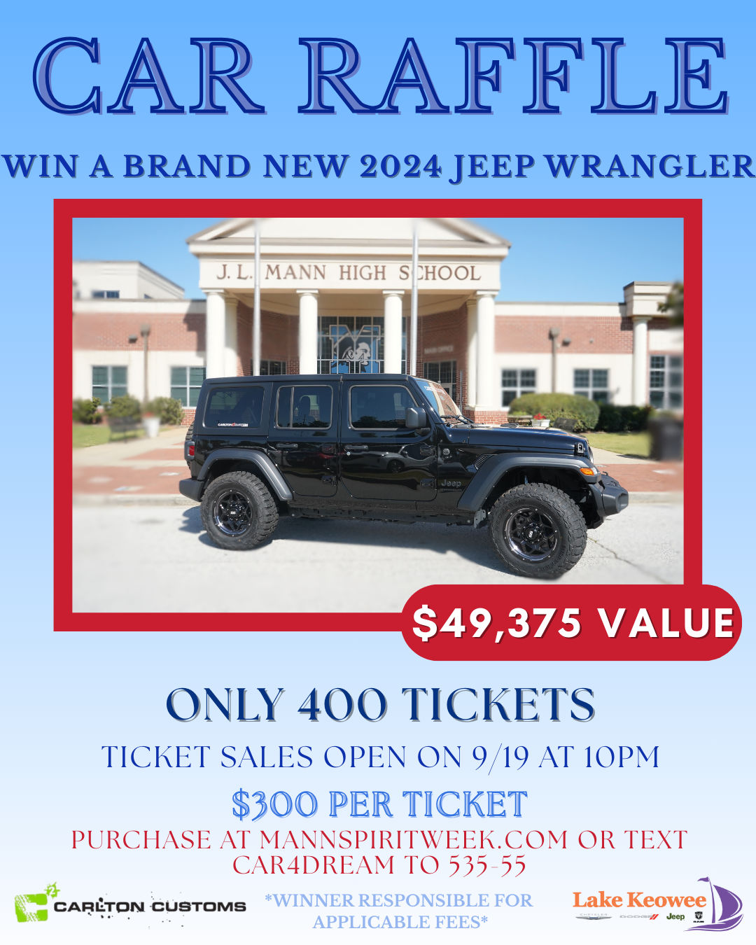 2025 JL Mann Spirit Week Car Raffle | JL Mann High Spirit Week