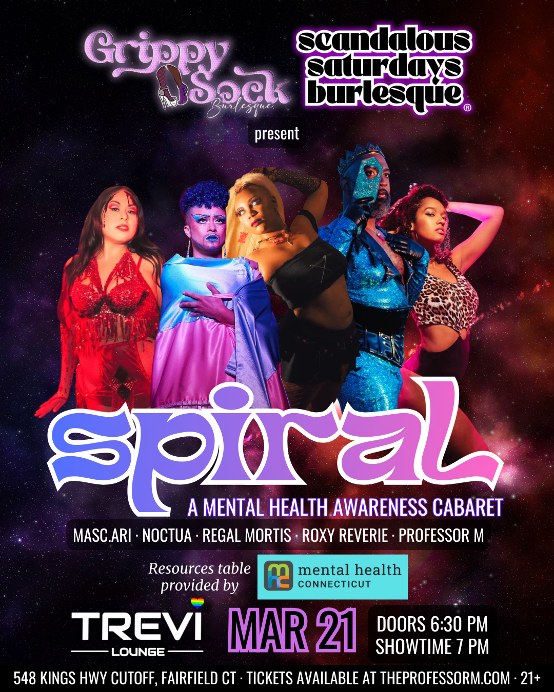 Campaign cover image for SPIRAL presented by Grippy Sock Burlesque & Scandalous Saturdays Burlesque (March 21, 2026 @ 7 PM)