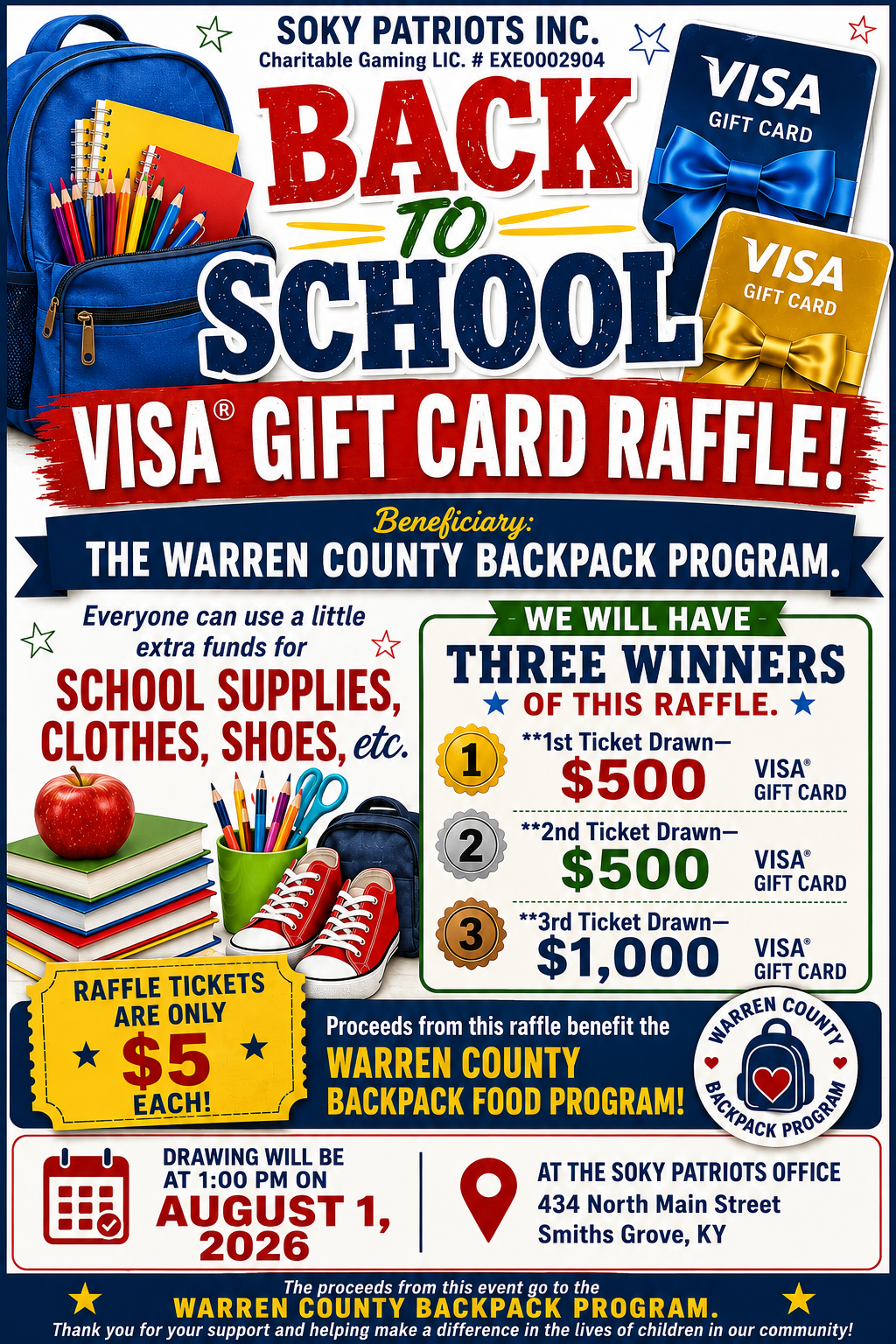 Campaign cover image for “BACK TO SCHOOL” VISA GIFT CARD RAFFLE BY SOKY PATRIOTS INC. Charitable Gaming LIC. # EXE0002904