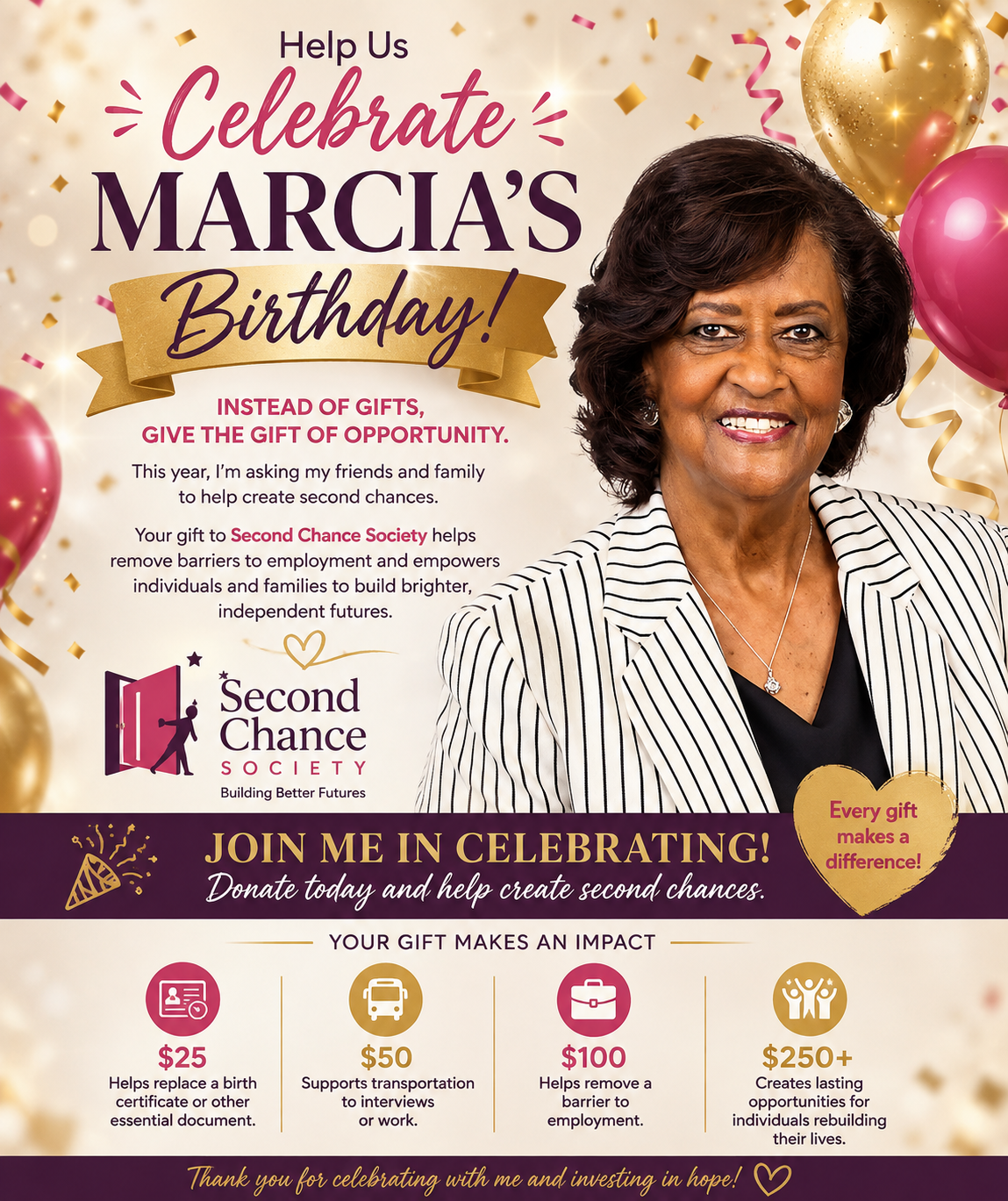 Campaign cover image for Celebrate Marcia's Birthday with Second Chance Society!