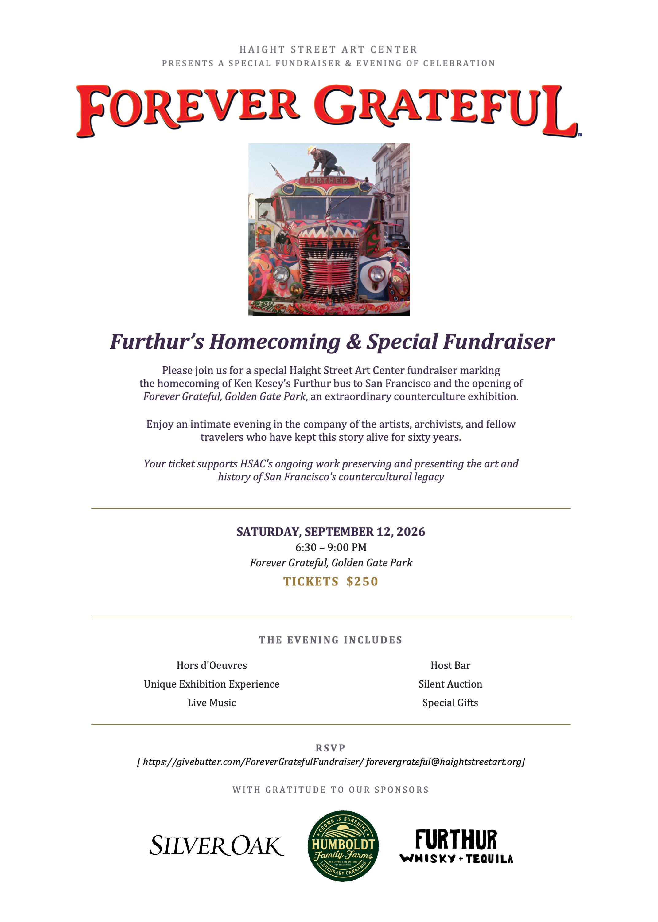 Campaign cover image for A special Haight Street Art Center fundraiser and event at Forever Grateful, Golden Gate Park.
