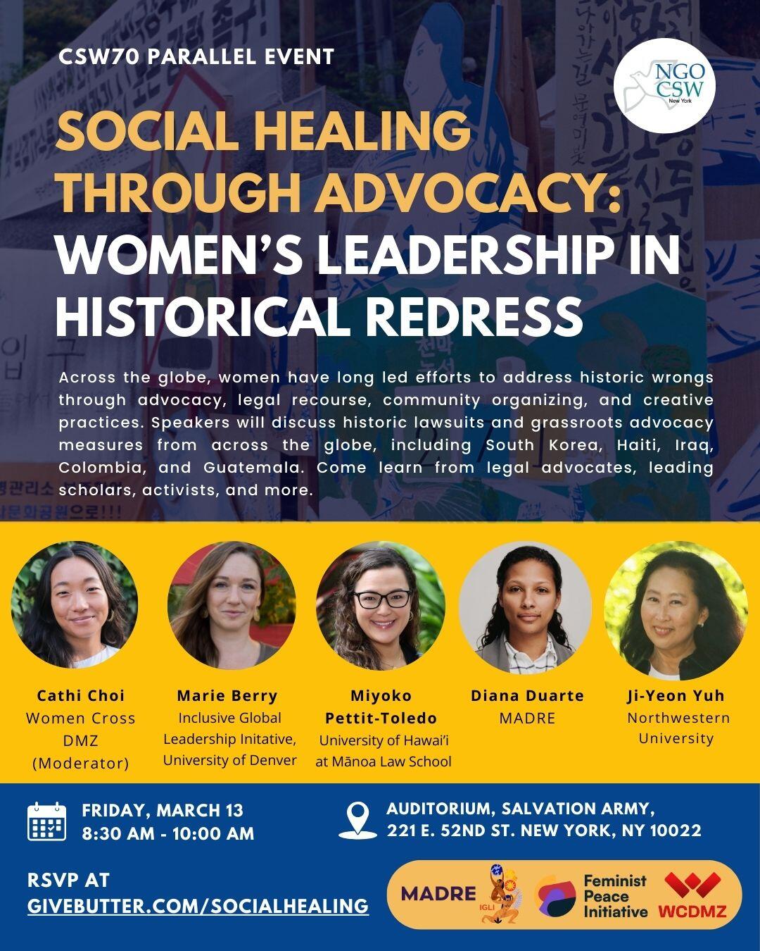 Campaign cover image for Social Healing though Advocacy: Women's Leadership in Historical Redress (CSW70 NGO Forum Parallel Event)