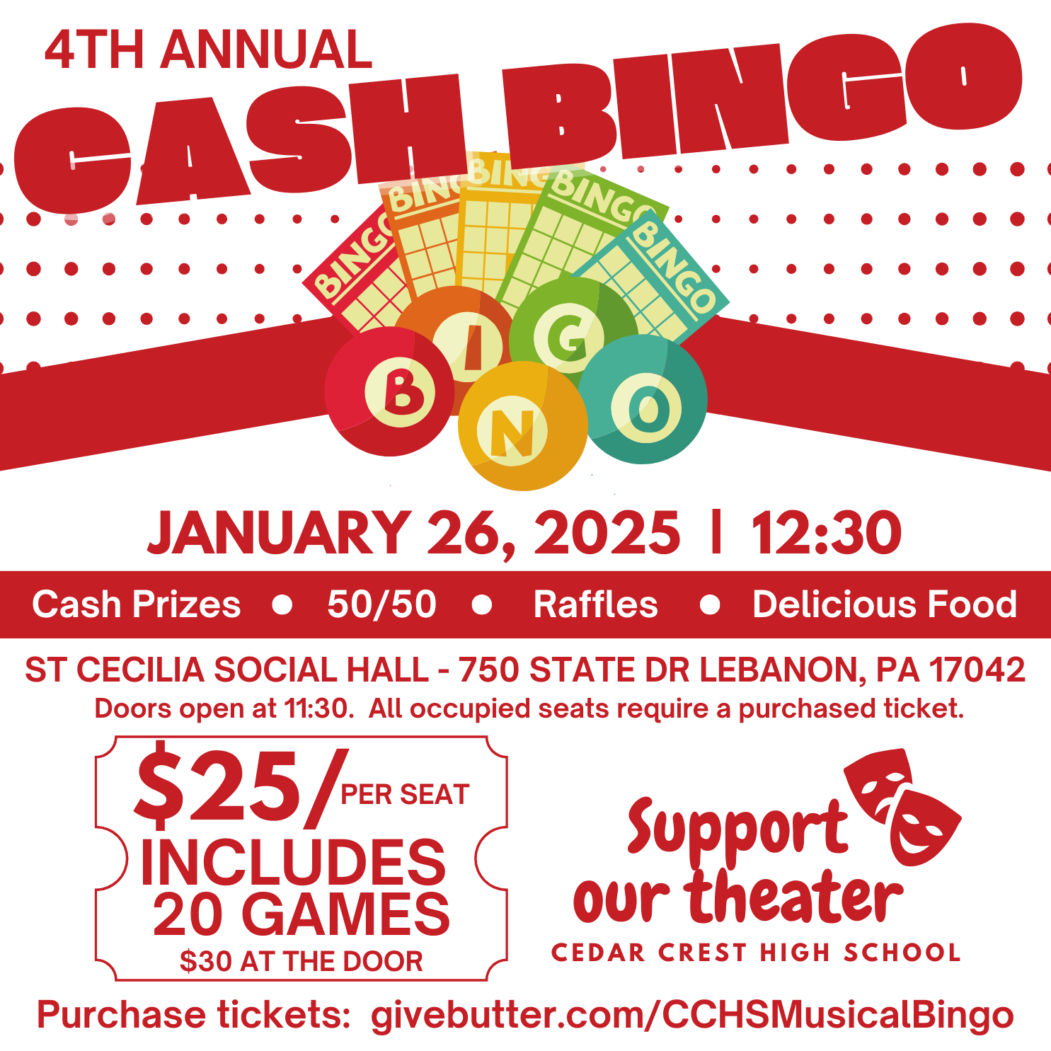 Campaign cover image for Cedar Crest High School- Parent Musical Organization's 4th Annual CASH BINGO EVENT