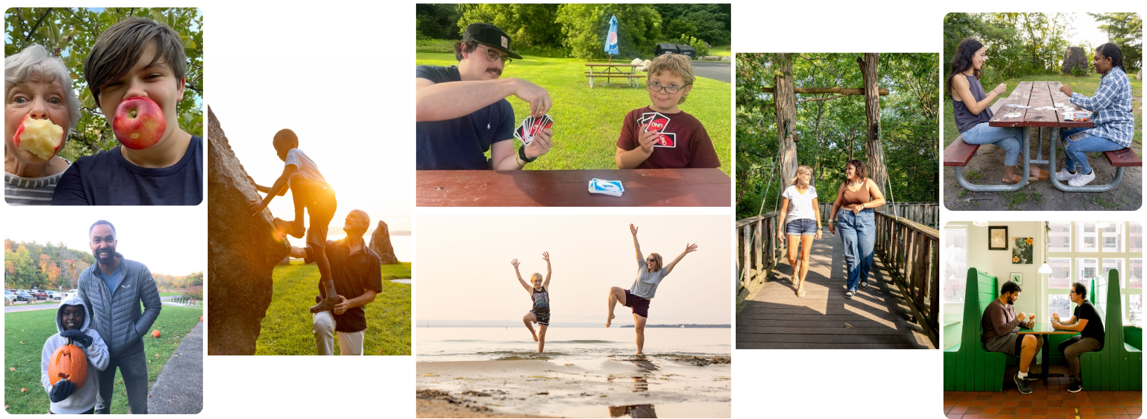 A photo collage of youth and mentors enjoying activities together