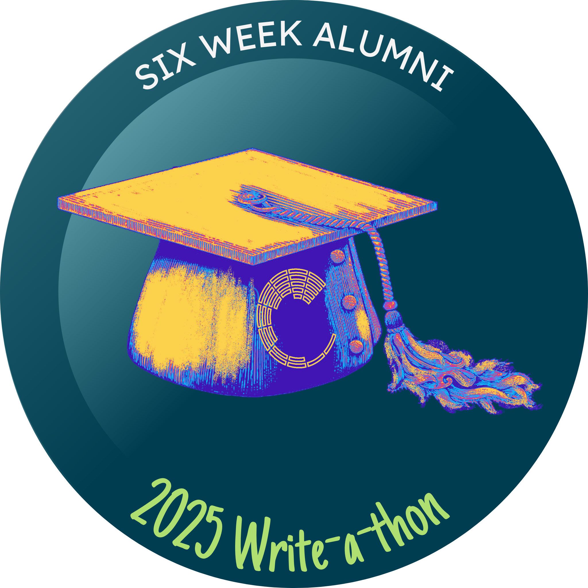 A yellow graduation cap and tassel on a blue circle. Above, text reads: SIX WEEK ALUMNI. Below, text reads: 2025 Write-a-thon.