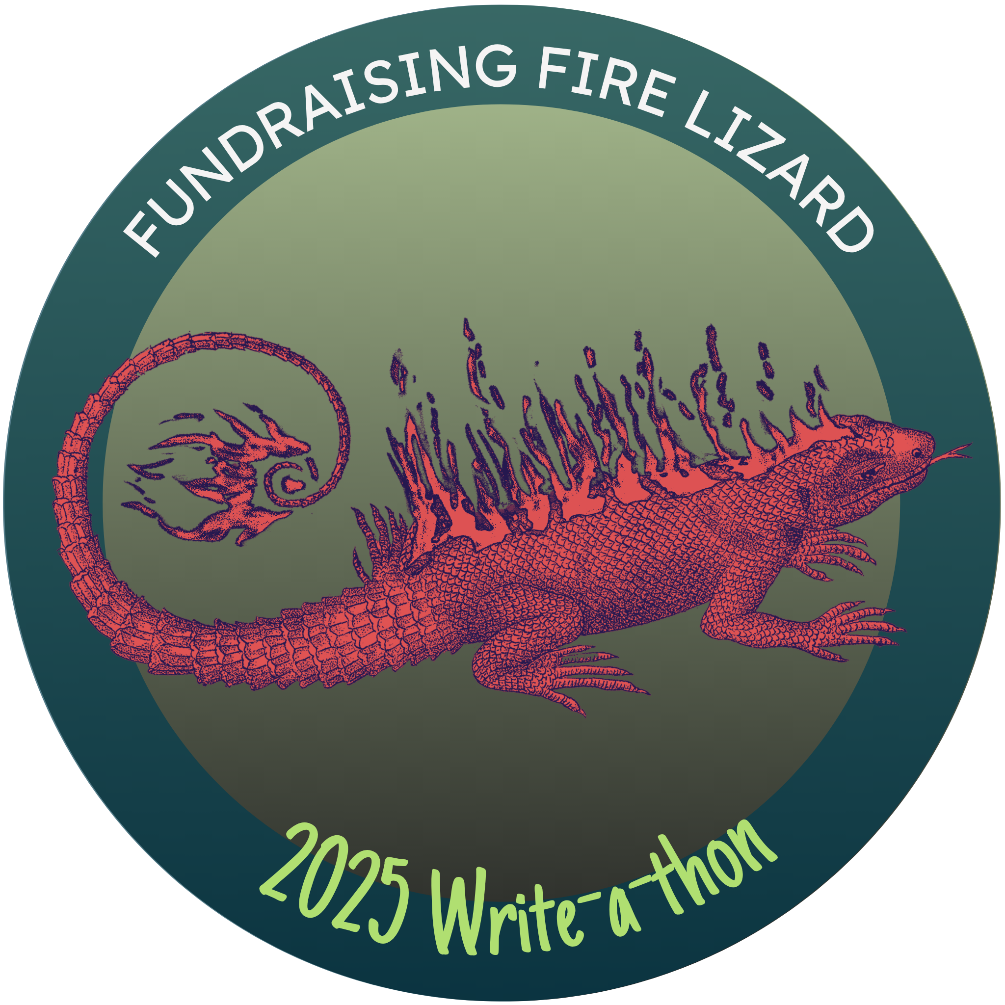 A red fire lizard on a green circle. Above, text reads: FUNDRAISING FIRE LIZARD. Below, text reads: 2025 Write-a-thon.