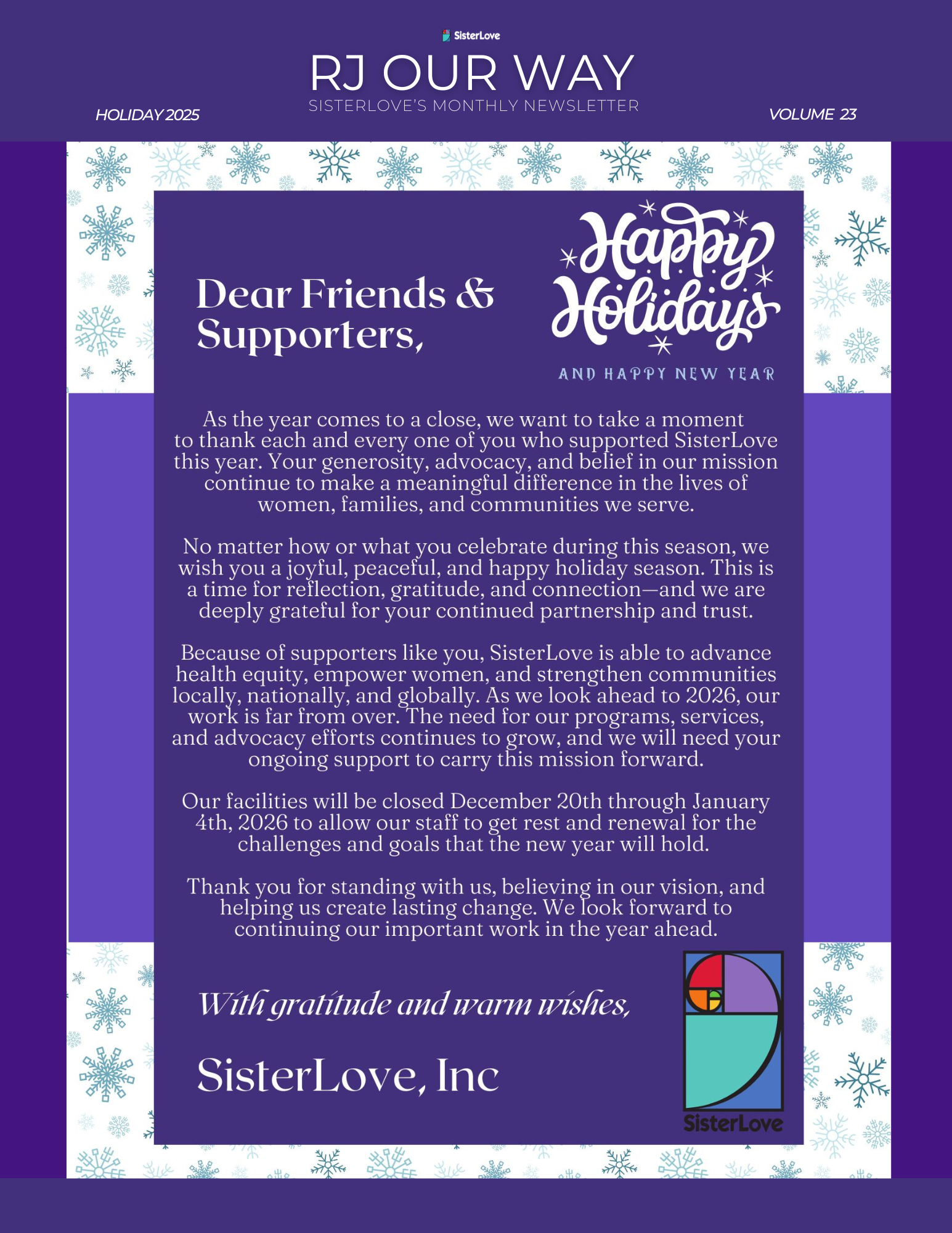 Text: SisterLove Monthly Newsletter January