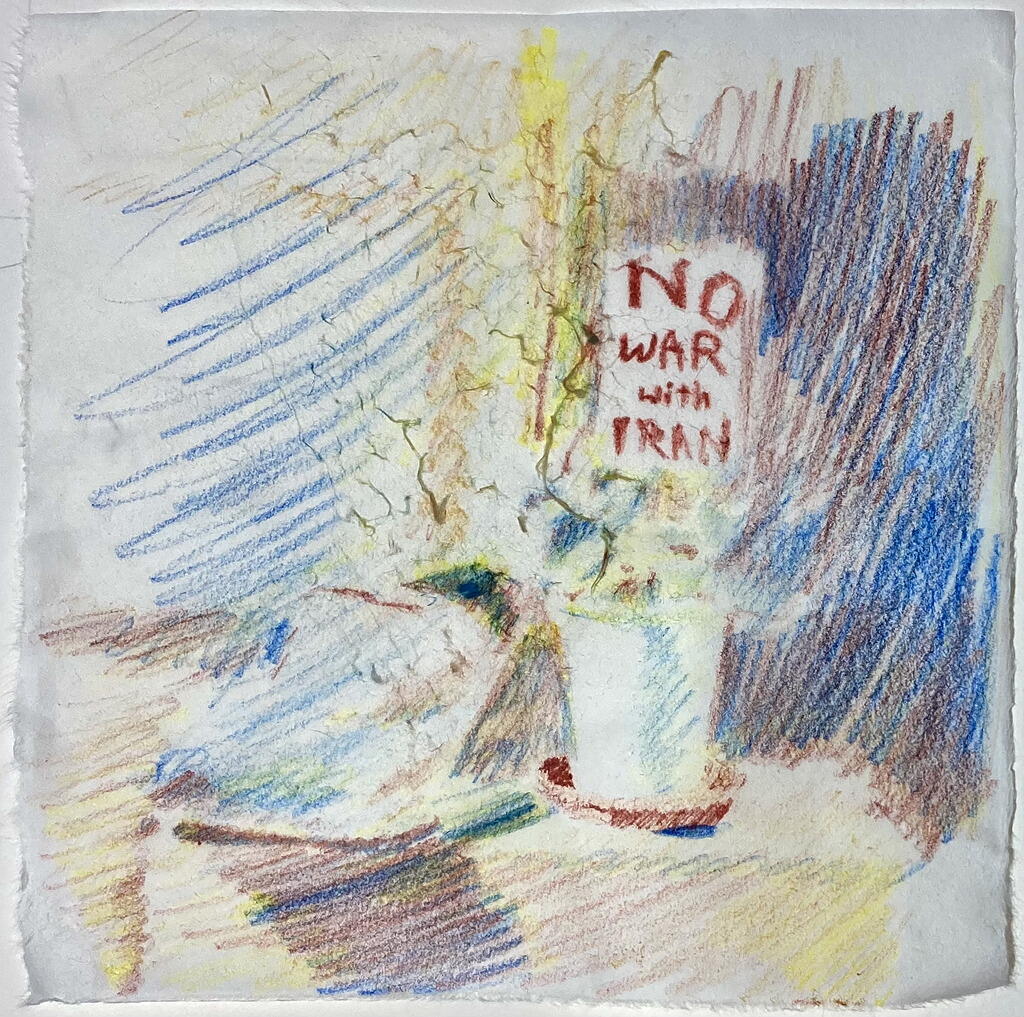 A colored pencil drawing of a potted plant and a shoe. The plant holds a sign reading "NO WAR with IRAN" info: "COSL 2," Glen Coburn Hutcheson 2026, colored pencil on paper