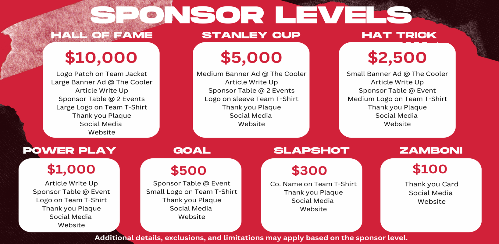 A red and white sponsor tableDescription automatically generated