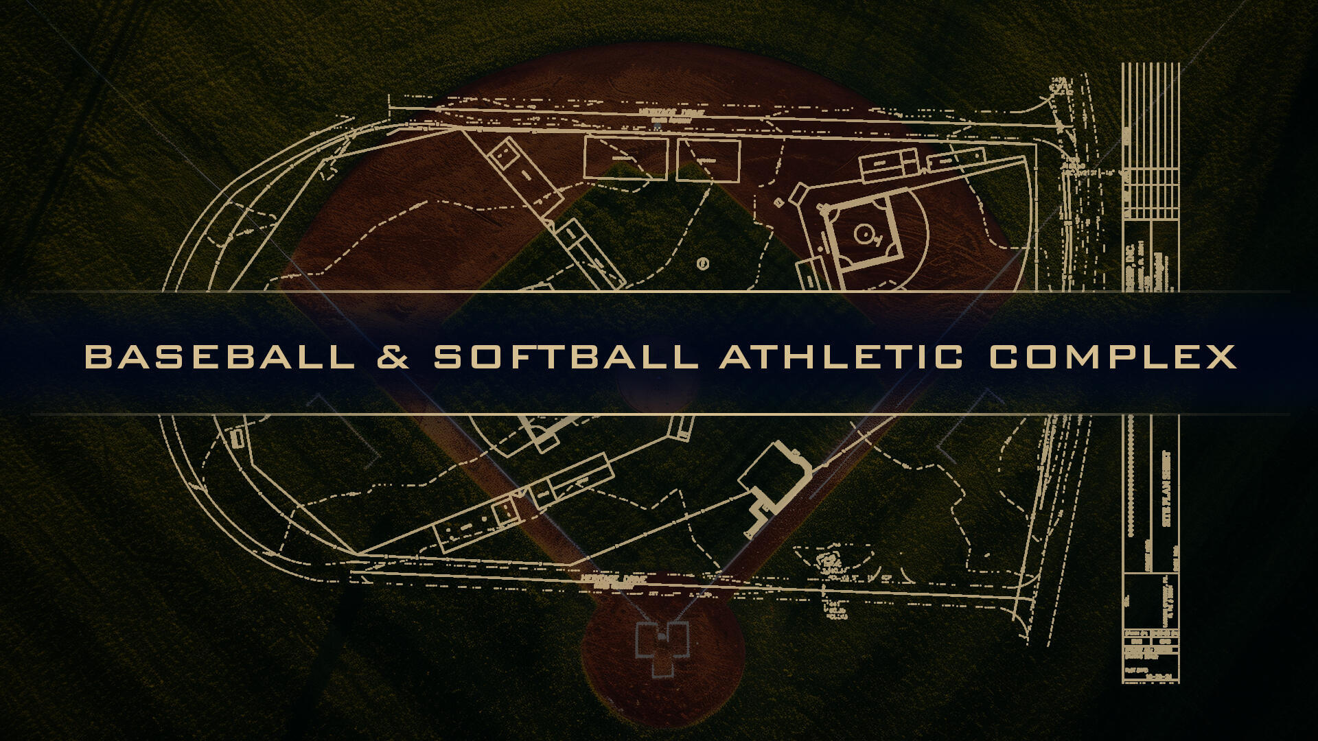 Aerial image of a baseball field with the schematics for the new BUF Baseball and Softball complex overlaying the image.