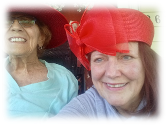Two women wearing red hatsAI-generated content may be incorrect.